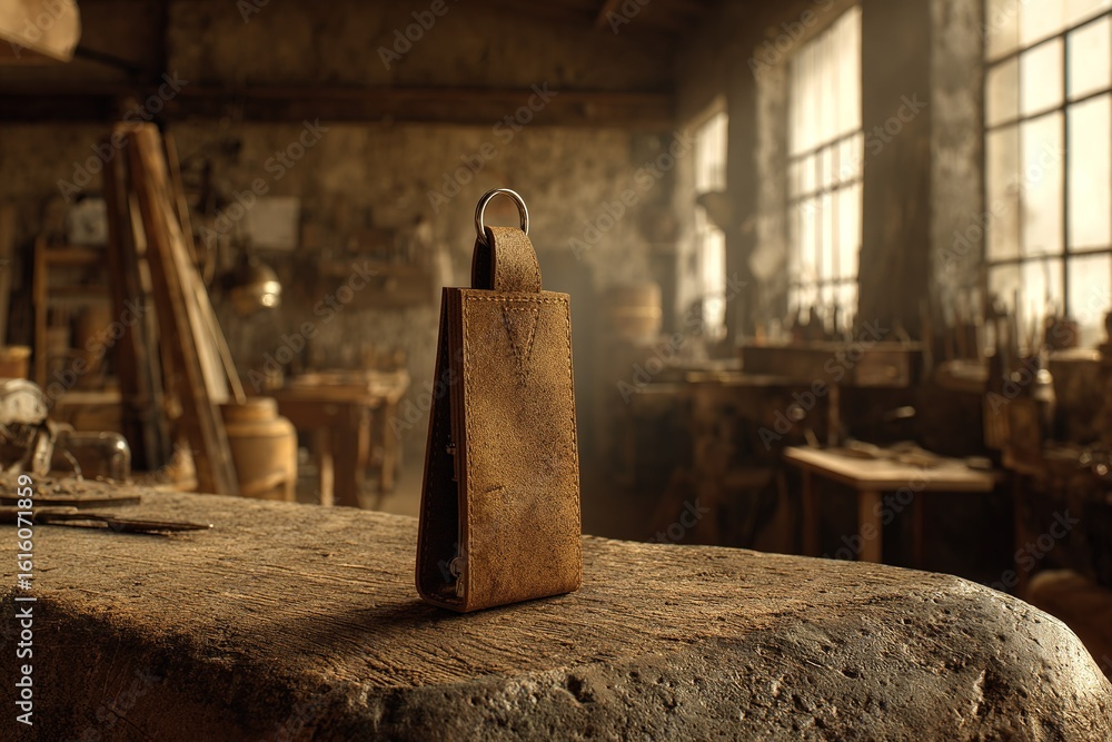 Poster handmade leather key holder on a wooden workbench in a rustic workshop with sunlight filtering throu