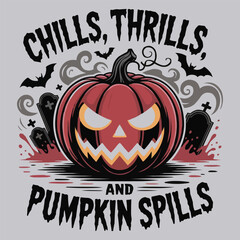 Scary Pumpkin Halloween T-Shirt &ndash; &ldquo;Chills, Thrills, and Pumpkin Spills&rdquo; Design with Bats, Tombstones, and Smoke