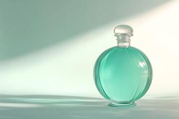 Teal glass bottle with ribbed design on a plain background.