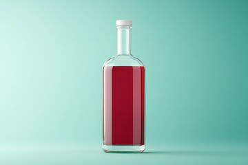Empty glass bottle with a red liquid inside, on a mint green background.