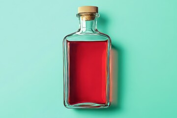 A rectangular glass bottle filled with a deep crimson liquid.