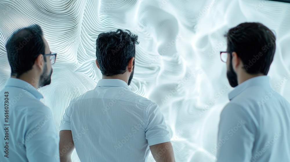 Aufkleber engineer civil simulation concept. three men in white shirts observing a digital display with abstra