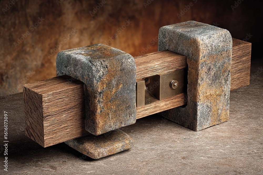 Poster crafted stone and wood object positioned on a textured surface with warm lighting highlighting its u