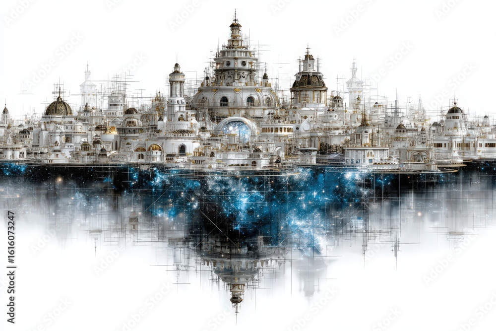 Poster futuristic cityscape merging architectural elegance with cosmic elements reflecting light and design