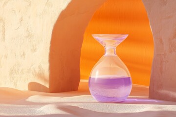 Glass hourglass shaped vase with purple liquid in a desert setting.