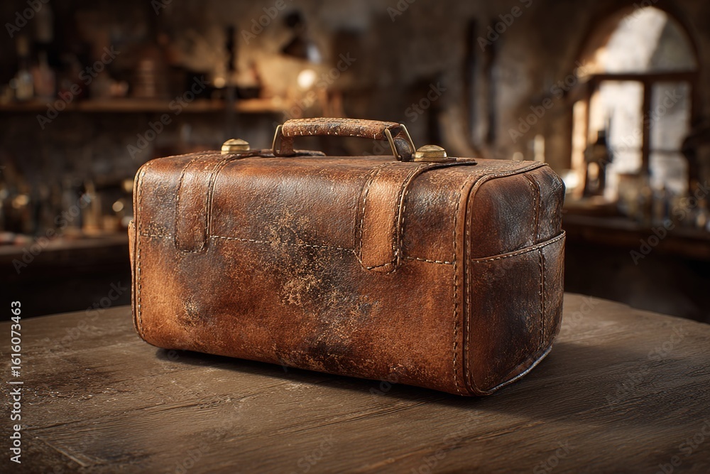 Poster vintage leather bag placed on a rustic wooden table in an ambient workshop setting filled with tools