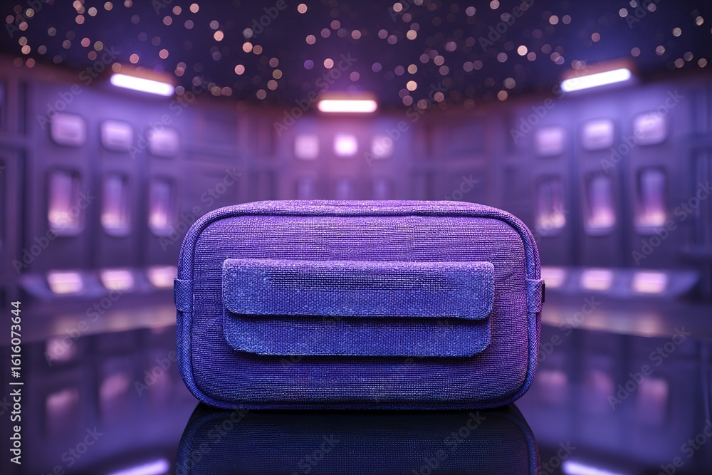Poster purple fabric bag displayed in futuristic setting with soft glowing lights in the background at nigh