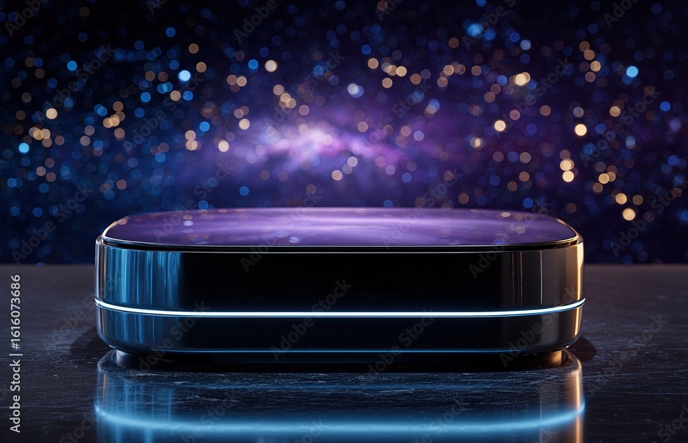 Aufkleber modern technology device with a cosmic design against a starry background in a dimly lit environment