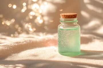 Light-filled glass bottle with light teal liquid on a textured surface.