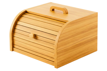 Wooden bread box with a roll top lid for kitchen storage isolated on a transparent background