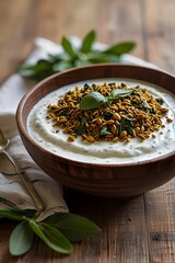  A rustic wooden bowl filled with creamy yogurt and generously topped with wholesome fenugreek leaves and seeds, a perfect healthy and refreshing side dish