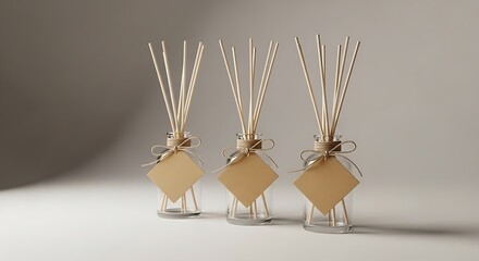 Three glass reed diffusers with blank labels sit on a neutral surface in a studio setting with soft lighting