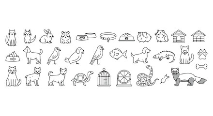 Collection of Cute HandDrawn Line Art Icons of Various Pets and Pet Accessories.