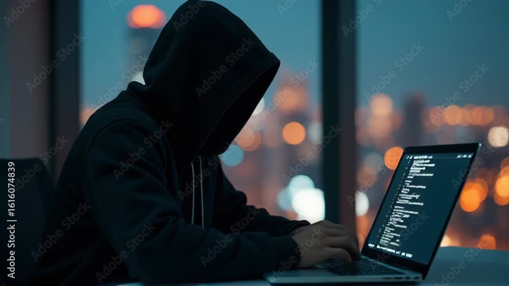 Poster a person working on a laptop while wearing a hooded sweatshirt, suitable for use as a background ima