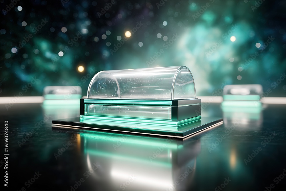 Poster shimmering display case highlighting futuristic artifacts under cosmic lights at dusk