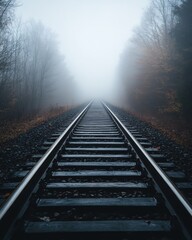 Fototapeta premium A low-angle shot looking down straight railway tracks that lead to a vanishing point in a dense, foggy forest. The moody, atmospheric scene evokes a sense of journey into the unknown