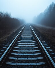 Fototapeta premium A low-angle shot looking down straight railway tracks that lead to a vanishing point in a dense, foggy forest. The moody, atmospheric scene evokes a sense of journey into the unknown