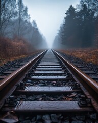 Fototapeta premium A low-angle shot looking down straight railway tracks that lead to a vanishing point in a dense, foggy forest. The moody, atmospheric scene evokes a sense of journey into the unknown