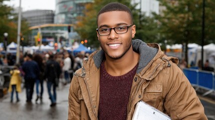 Fototapeta premium Handsome man in brown jacket and burgundy sweater smiles while using a tablet on a busy street during autumn day