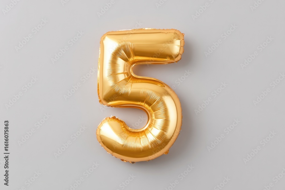 Poster flat lay of single golden balloon shaped like number 5 on light grey background with copy space on t