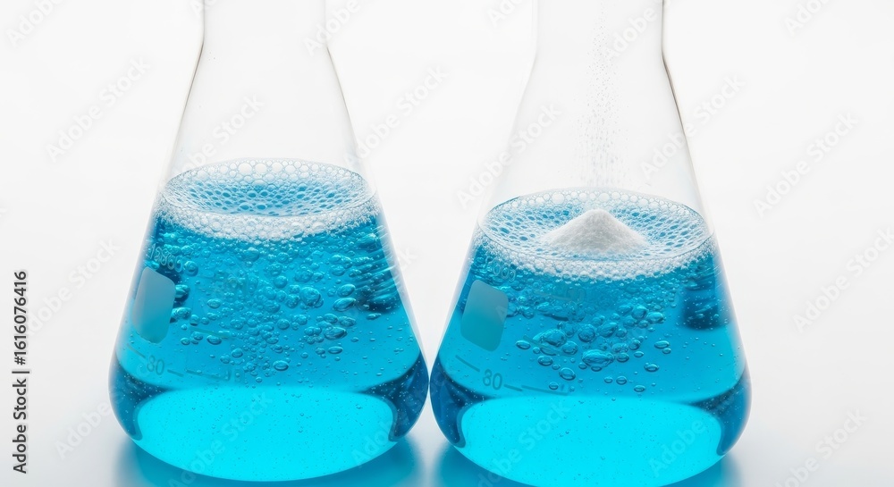 Poster blue liquid in erlenmeyer flasks - two erlenmeyer flasks filled with a vibrant blue liquid, showing 