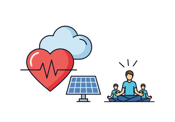 Colorful flat icons for a healthy sustainable lifestyle featuring a heart solar panel and meditating family.