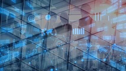 A contemporary business meeting scene featuring professionals engaged in discussion, with digital data visualization elements emphasizing analysis and decision-making. Xenic