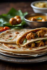A close-up of flaky, golden-brown parathas, some filled with savory chicken curry, serving as a delicious and traditional South Asian meal or snack