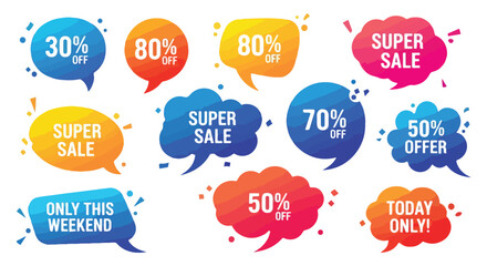 Collection of colorful gradient speech bubbles with promotional sales text and discount percentages.