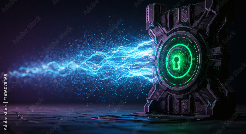 Poster futuristic digital security concept showing a glowing green keyhole on a secure vault emitting blue 