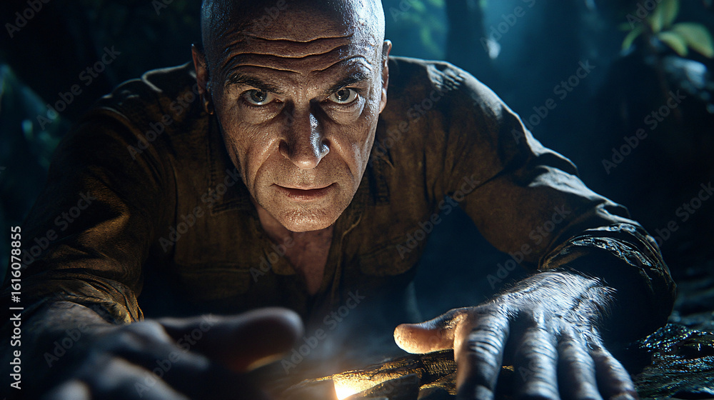 Poster man holding a lit candle in a dark setting creating a soft glow and mysterious atmosphere