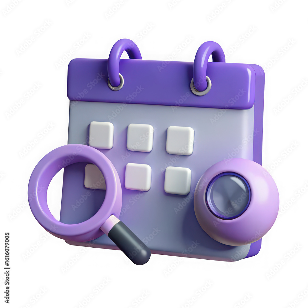 Poster 3d illustration of a 3d illustration of a calendar with a magnifying glass for scheduling and planni