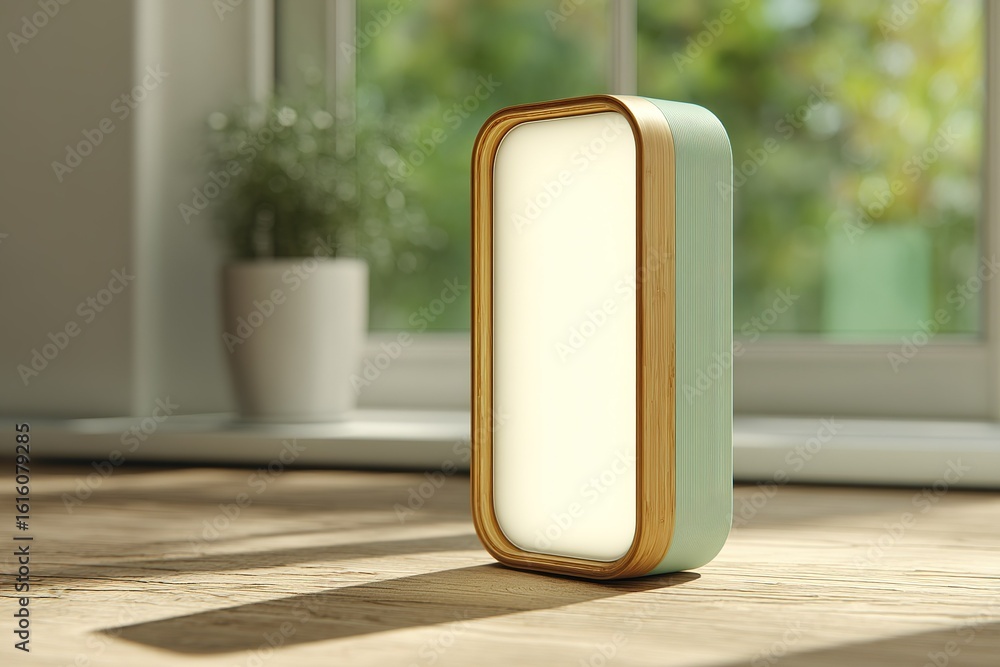 Poster modern lamp with soft glow placed on wooden table by bright window with plant in background