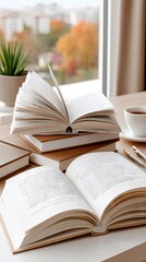 Naklejka premium Open book surrounded by autumn leaves on a wooden table with a quiet outdoor background showcasing warm seasonal colors