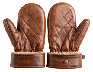  Elegant Brown Leather Winter Mittens with Stitch Detailing, Isolated PNG