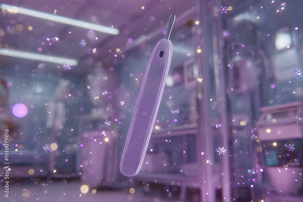 Poster high-tech device levitating in futuristic laboratory with colorful particles and a soft glow