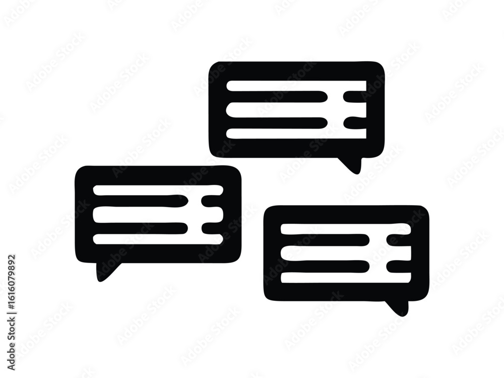 Poster three black chat bubbles with horizontal lines representing messages or conversations on a white bac