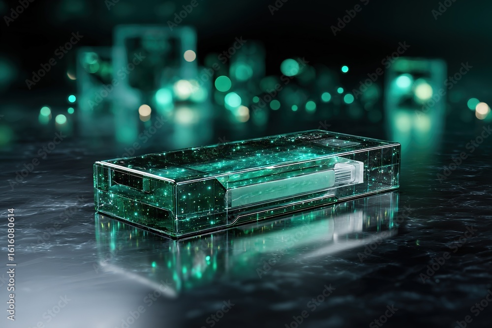 Poster creative display of a transparent storage case with glowing green lights at night in a modern settin