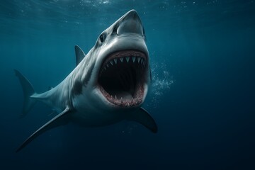 Naklejka premium Great White Shark Lunging Underwater – Ultra-Realistic 8K Cinematic Attack Scene with Bubbles and Motion Trails