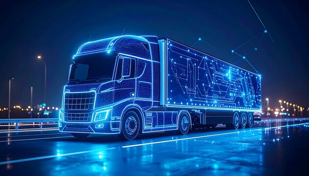 Futuristic semi-truck on a highway at night - Powered by Adobe