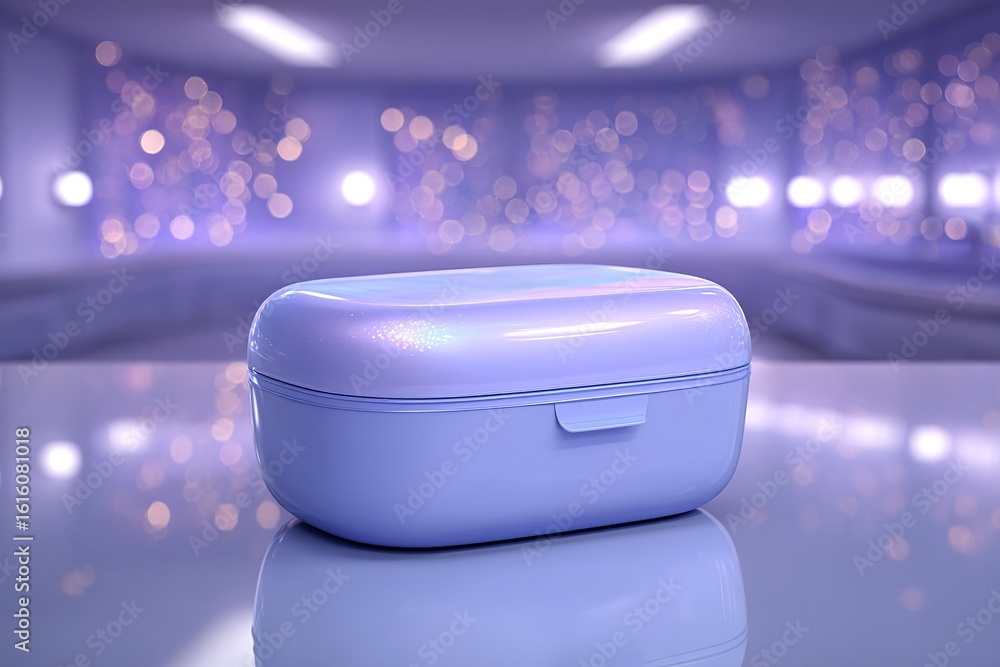 Poster new lavender storage container showcased in a modern setting with soft lighting and a blurred backgr