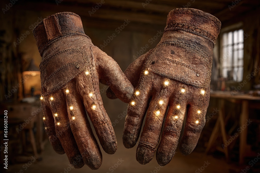 Poster unique leather gloves illuminated with tiny lights displayed in a workshop during late afternoon hou