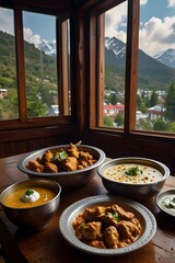A delightful assortment of traditional Indian dishes including meatball/chicken curry, lentil soup, and yogurt dip, set on a wooden table with a scenic mountain view