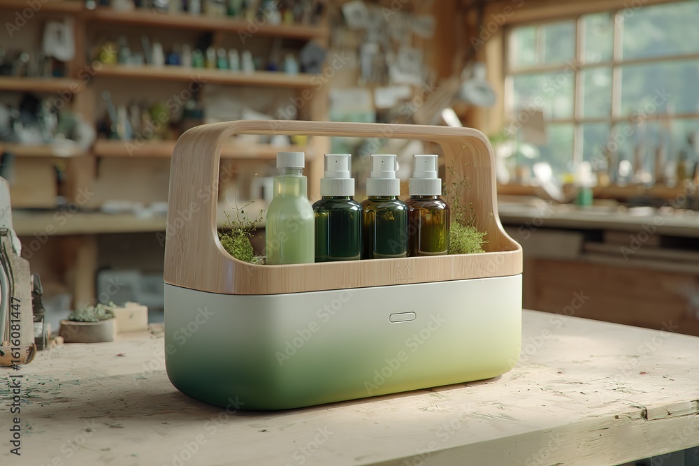 Poster innovative storage container for essential oils displayed in a rustic workshop with natural light