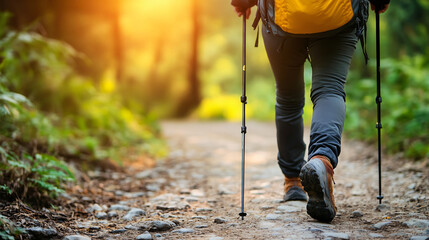 Person walking on a serene trail surrounded by lush vegetation and natural beauty of the outdoors