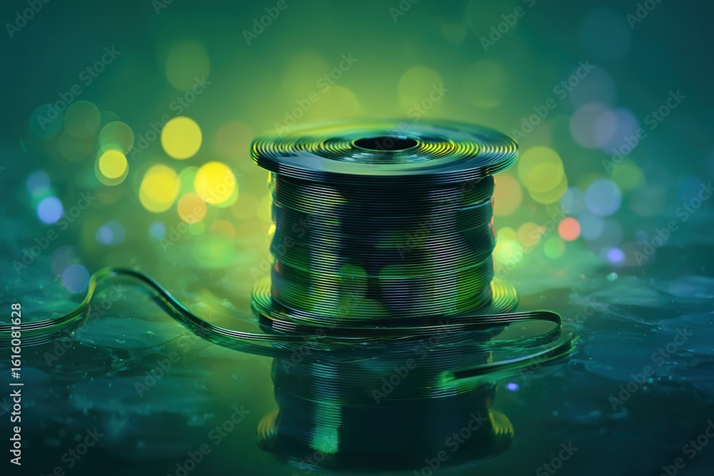 Poster crafting with green wire on a reflective surface illuminated by colorful bokeh lights at dusk