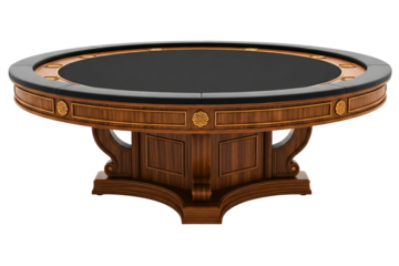 Round wooden poker table with a black top and leather rail isolated on a transparent background