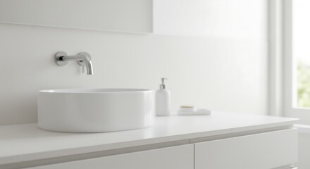 Minimalist White Bathroom Sink with Faucet and Soap Dispenser in Bright Modern Vanity