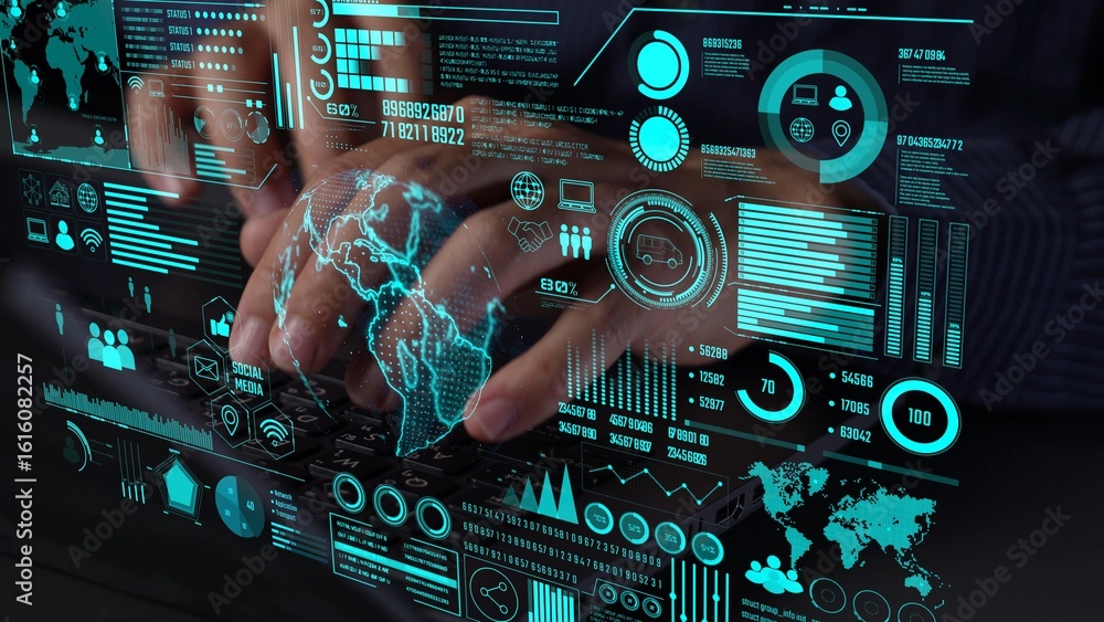 Poster data center monitoring dashboard visualize network performance, connection status, usage rate, and t