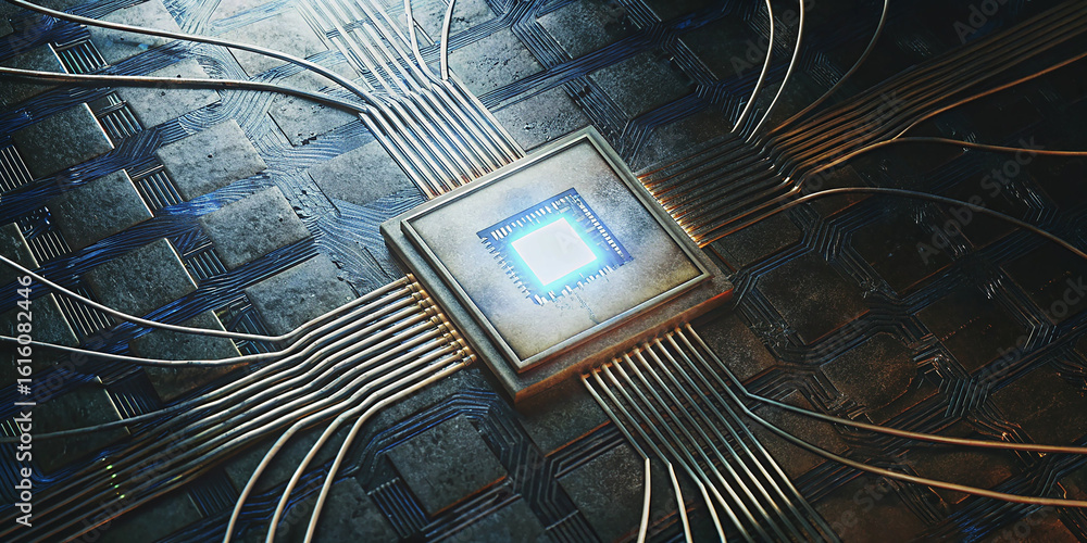 Poster futuristic central processing unit with glowing core and intricate wiring